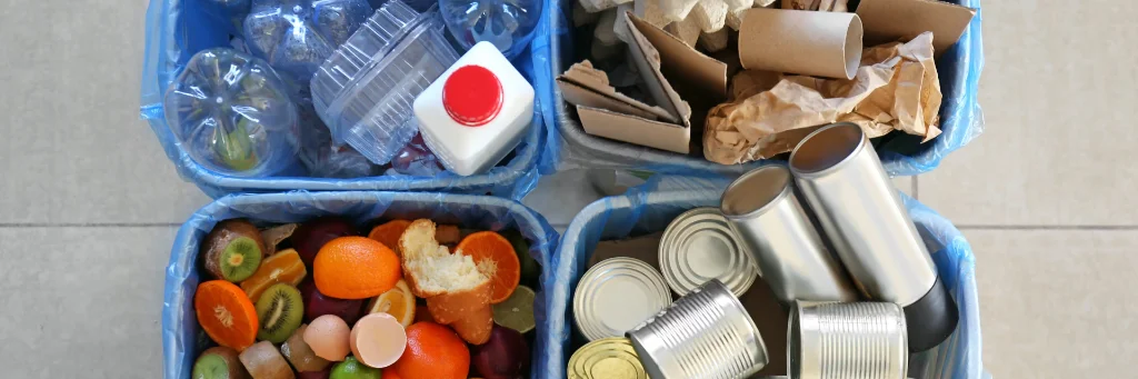Quatro recipientes de coleta seletiva vistos de cima, contendo resíduos separados: plástico e embalagens, papel e papelão, restos orgânicos como frutas e cascas, e latas metálicas para reciclagem.